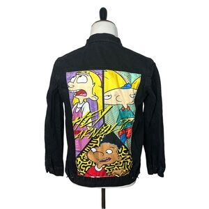 Nickelodeon Hey Arnold Denim Jean Trucker Jacket 90s Cartoon Black Mens S Small